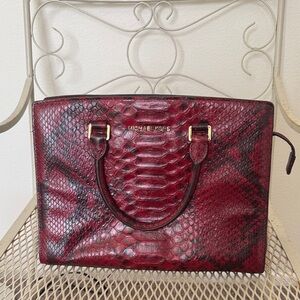 Michael Kors Red and Black Python-Embossed Leather Tote with Gold Hardware
